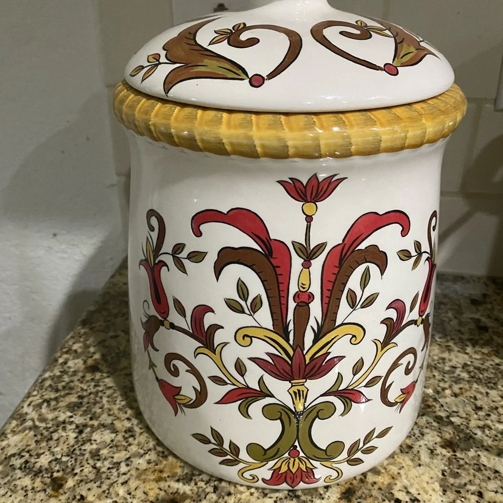 Pier 1 Earthenware Oralia Mediterranean Floral Discontinued Ceramic 11”Canister